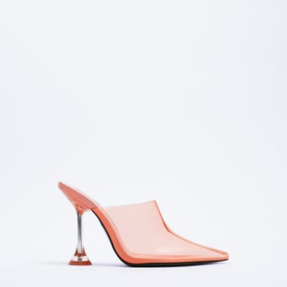 LIKE NEW- Beautiful & Unique- Zara Coral Red Vinyl Mules w/Martini Heels